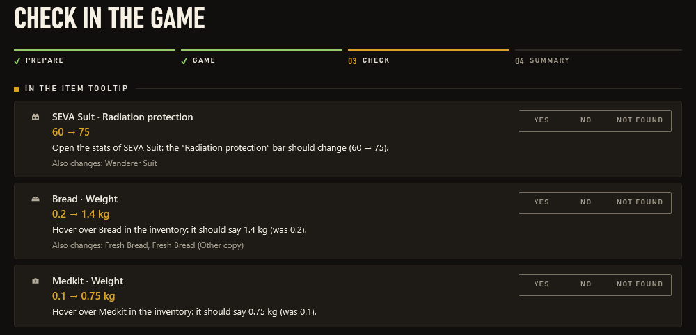 The “Check in the game” wizard, the “In the item tooltip” group: SEVA Suit radiation protection 60 → 75, Bread weight 0.2 → 1.4 kg, Medkit weight 0.1 → 0.75 kg; each row has Yes, No and Not found answers.