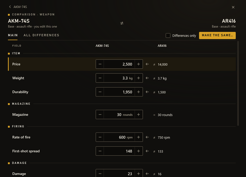 The AKM-74S and the AR416 compared: price, weight, durability, magazine, rate of fire, spread and damage side by side, with arrows that take a value across.