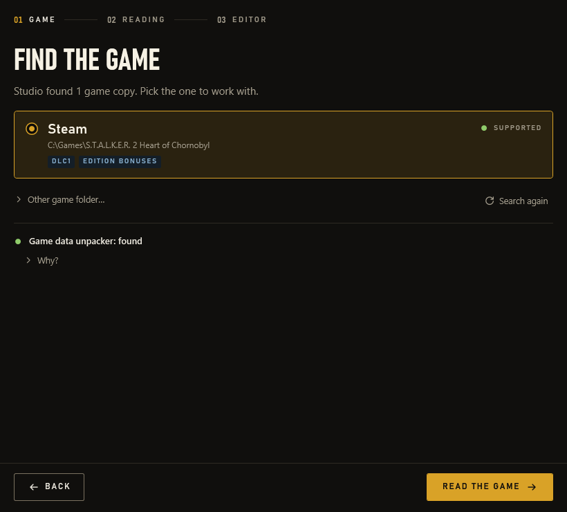 The Find the game screen: a Steam copy of the game with DLC1 and edition bonuses is found, and so is the game data unpacker.