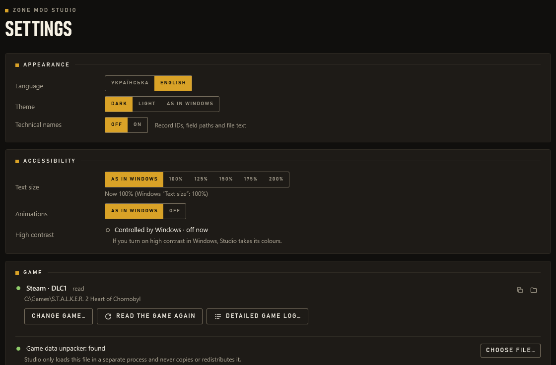 Settings: language, theme and technical names; the game (Steam, DLC1) and the found unpacker; in-game checks for game 2.0.6, not checked yet.