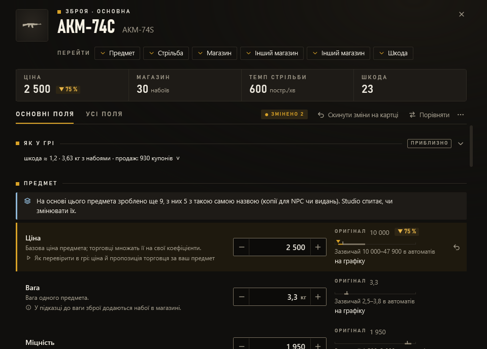 Картка автомата АКМ-74С у Zone Mod Studio: ціна, вага й міцність із кнопками − і +, поруч значення з гри та звичний діапазон для автоматів.